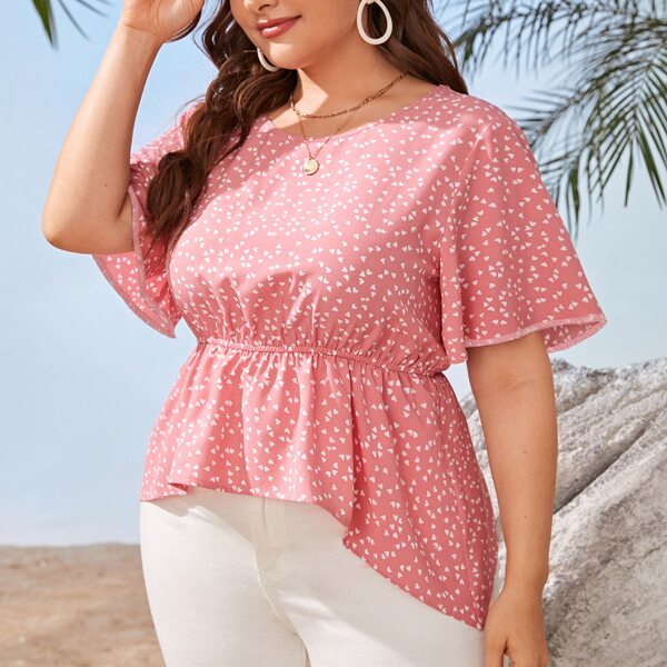 

Plus Confetti Heart Print Asymmetrical Hem Blouse, Baby pink
