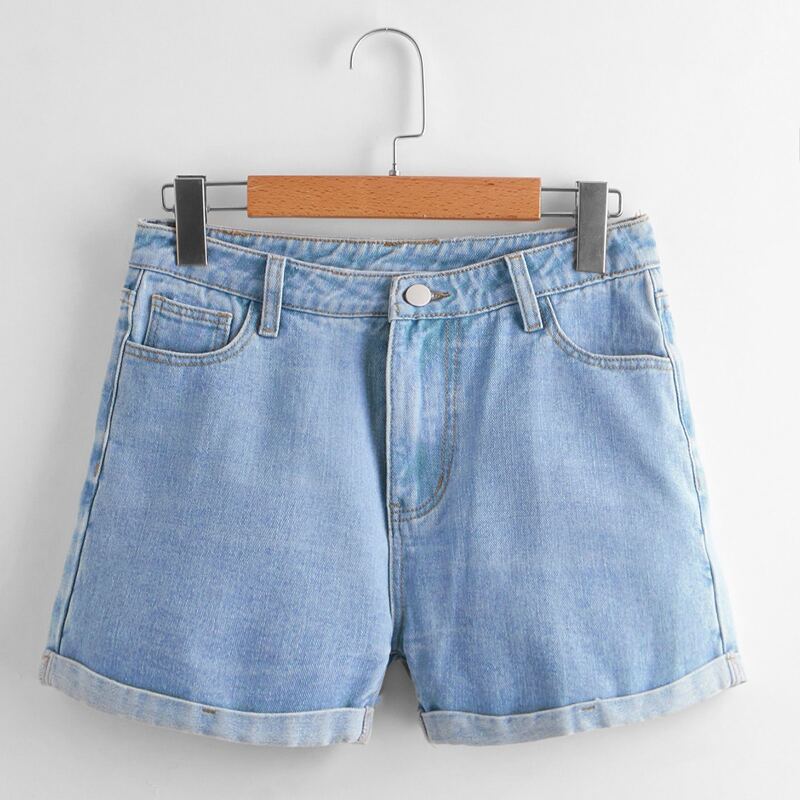 

Solid Cuffed Denim Shorts, Blue
