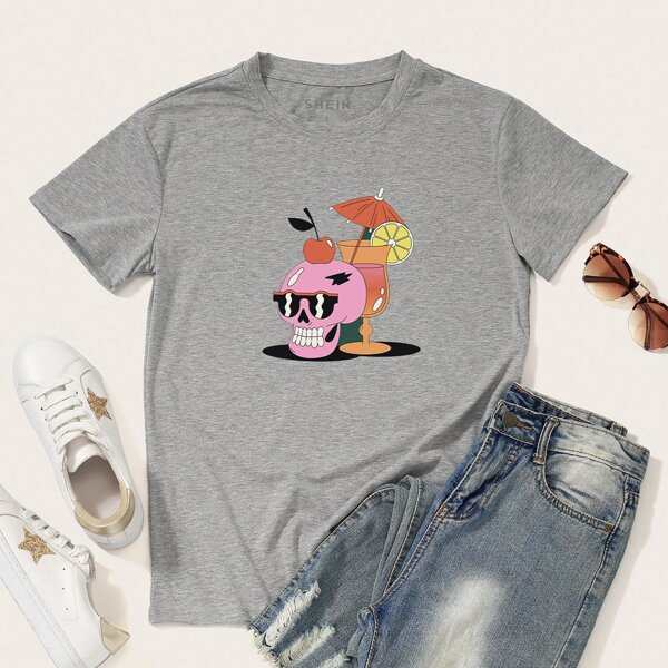 

Skull & Juice Print Short Sleeve Tee, Grey