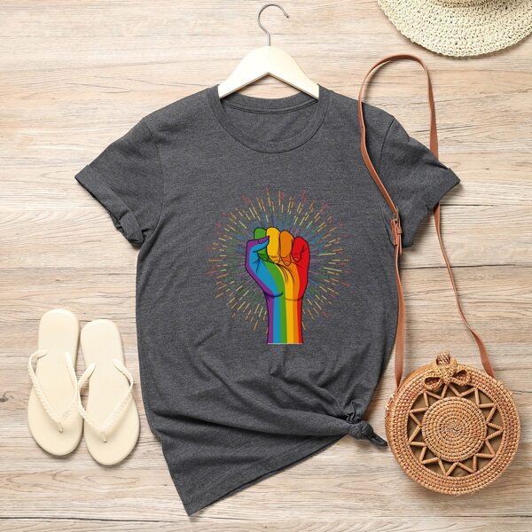 

Plus LGBTQIA Rainbow Stripe And Hand Print Tee, Dark grey