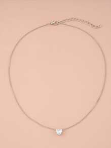 Cubic Zirconia Heart Charm Necklace - Silver - View 2