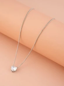 Cubic Zirconia Heart Charm Necklace - Silver - View 3