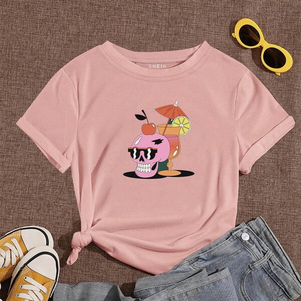 

Skull & Juice Print Short Sleeve Tee, Coral pink
