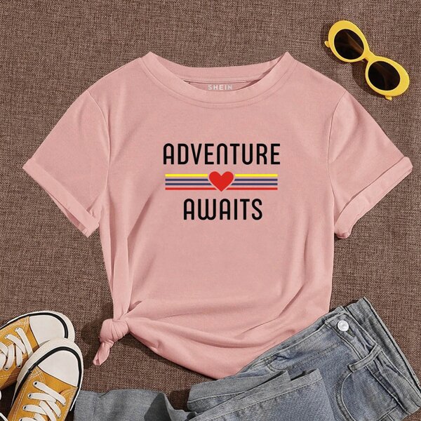 

Slogan & Heart Print Tee, Coral pink