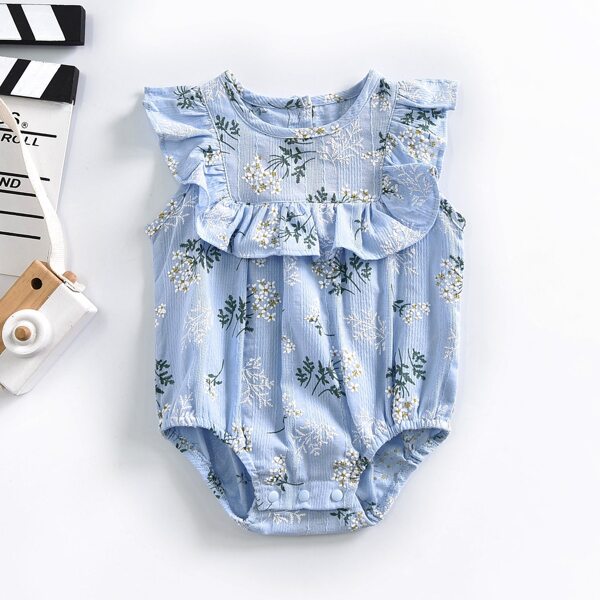 

Baby Girl Floral Print Ruffle Trim Bodysuit, Baby blue