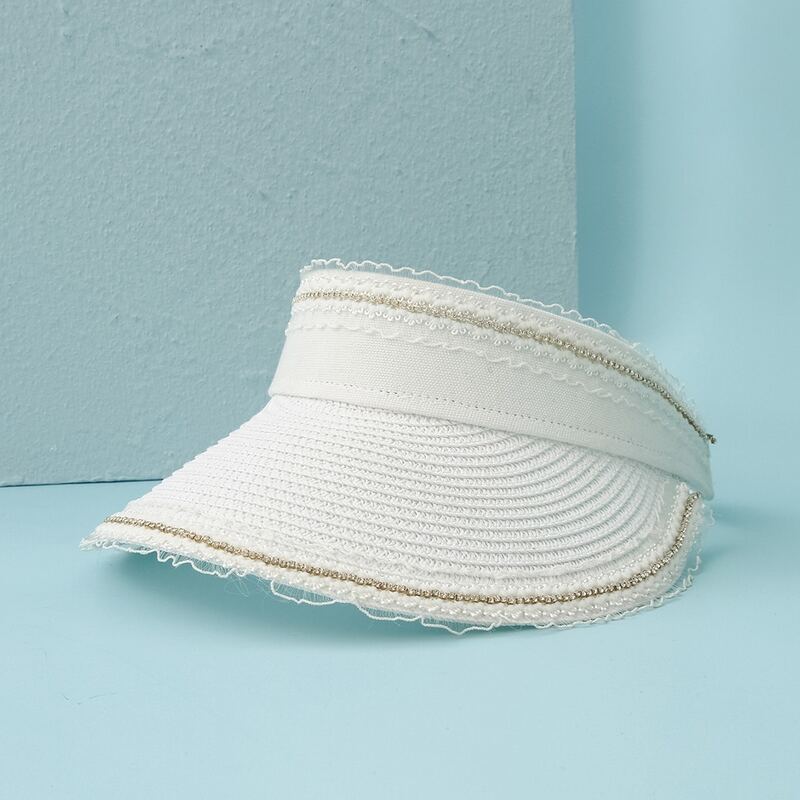 

Lace Trim Straw Visor Hat, White