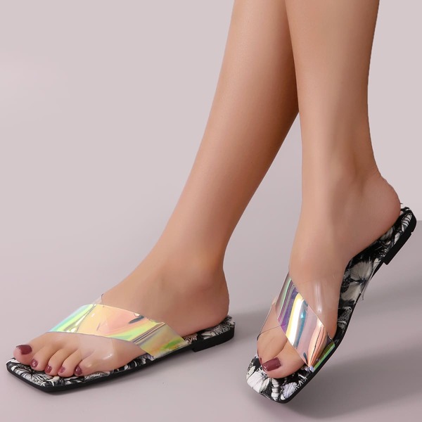 

Holographic Cross Strap Slide Sandals, Multicolor