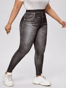 大碼高腰緊身褲 - 深灰色 - 查看 3