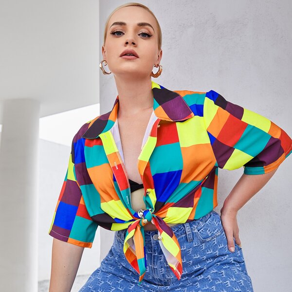 

Plus Patchwork Colorblock Button Up Blouse, Multicolor