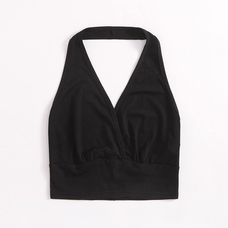 

Solid Ribbed Halter Top, Black