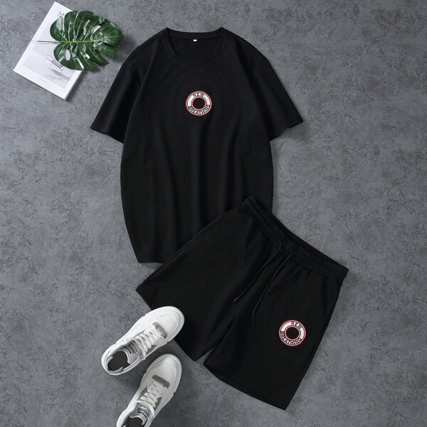 

Men Letter Embroidered Tee & Shorts, Black