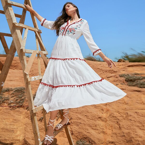 

Pompom Trim Floral Embroidered Dress, White