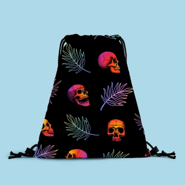

Skull Graphic Drawstring Backpack, Black
