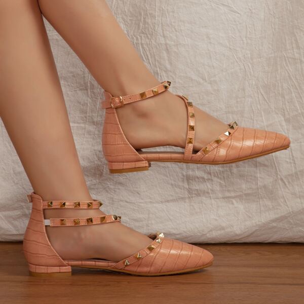 

Spiked Decor Croc Embossed Flats, Pink