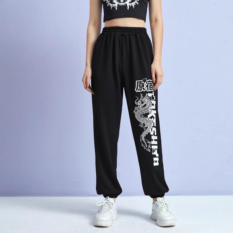 

Letter Chinese Dragon Graphic Sweatpants, Black