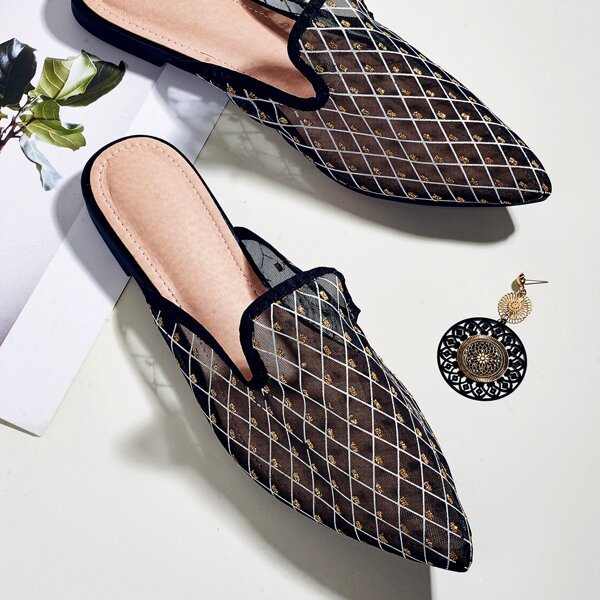 

Sheer Mesh Flat Mules, Black