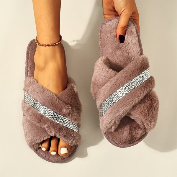 

Rhinestone Decor Fluffy Slippers, Pink