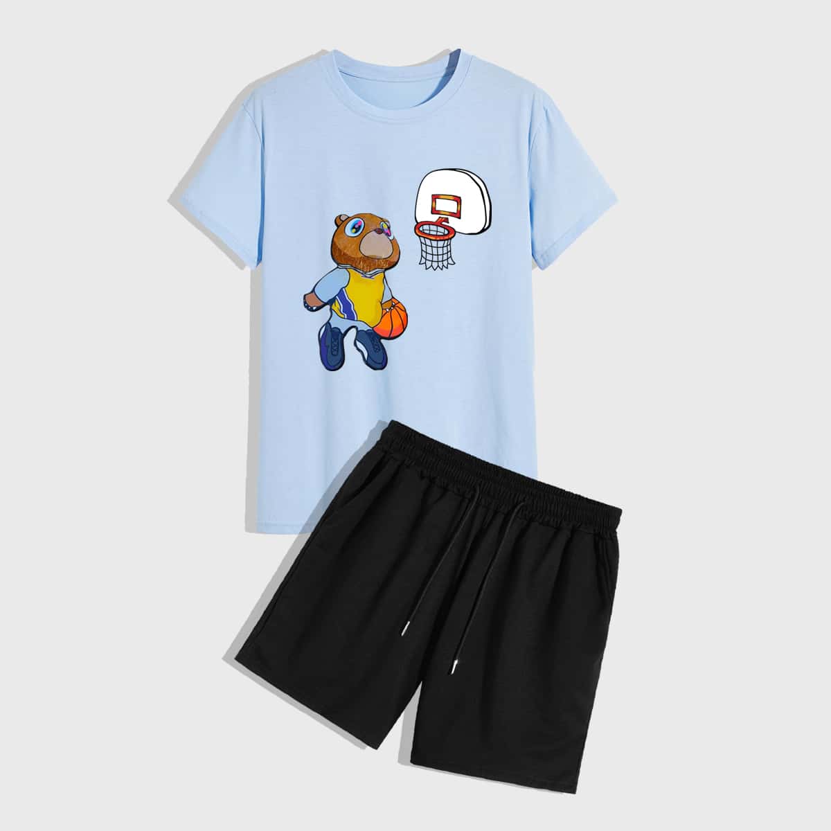 

Guys Cartoon Graphic Tee With Drawstring Waist Shorts, Multicolor