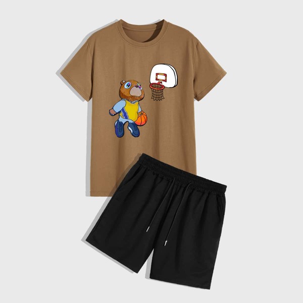 

Men Cartoon Graphic Tee With Drawstring Waist Shorts, Multicolor