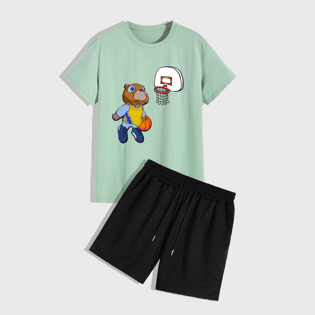 

Guys Cartoon Graphic Tee With Drawstring Waist Shorts, Multicolor