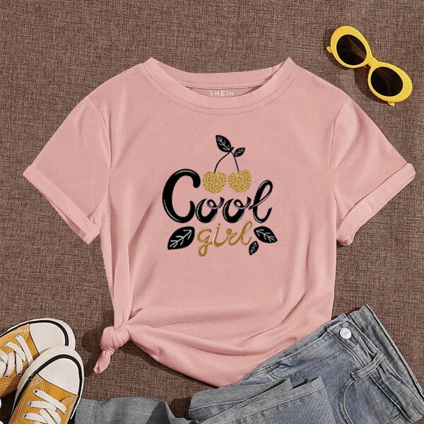 

Letter And Cherry Print Tee, Pink