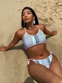 Plus Size Paisley Print Whip Stitch Bikini Set Summer Beach - Multicolor - View 1