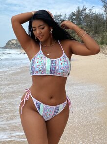 Plus Size Paisley Print Whip Stitch Bikini Set Summer Beach - Multicolor - View 3