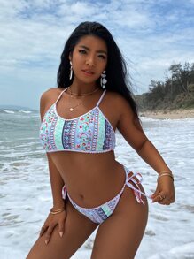 Plus Size Paisley Print Whip Stitch Bikini Set Summer Beach - Multicolor - View 4