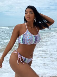 Plus Size Paisley Print Whip Stitch Bikini Set Summer Beach - Multicolor - View 5