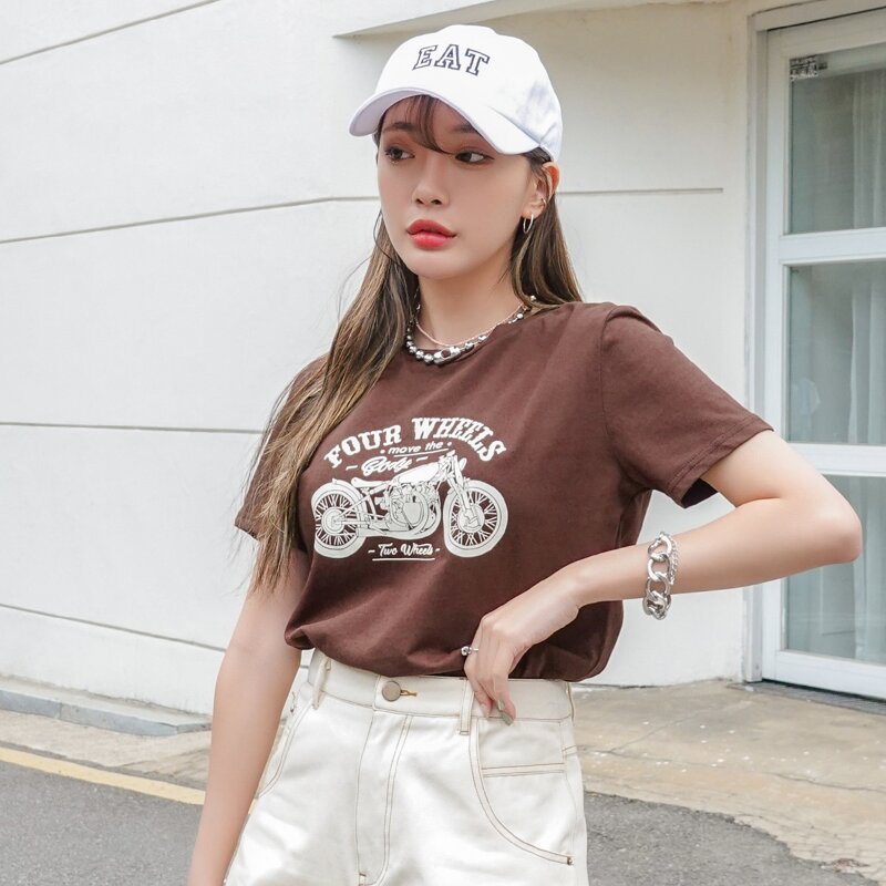 

Motorcycle & Slogan Graphic Tee, Brown