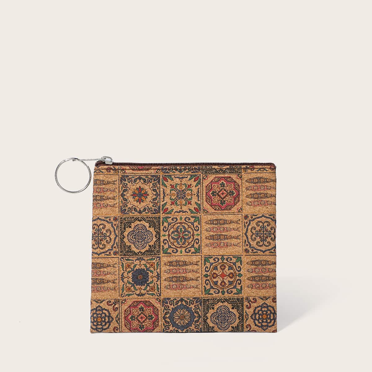 

Floral Graphic Zip Purse, Brown