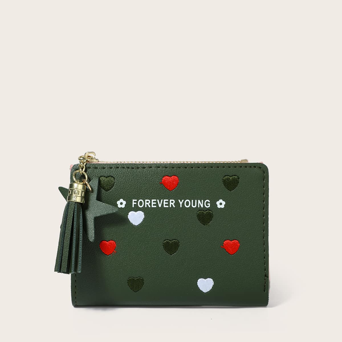 

Heart Embroidery Zip Purse, Green