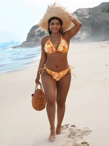 Plus Size Floral Triangle Tie Side Bikini Set Summer Beach - Multicolor - View 1