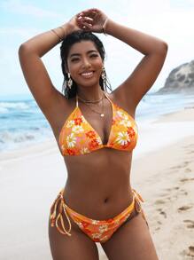 Plus Size Floral Triangle Tie Side Bikini Set Summer Beach - Multicolor - View 3