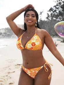 Plus Size Floral Triangle Tie Side Bikini Set Summer Beach - Multicolor - View 4