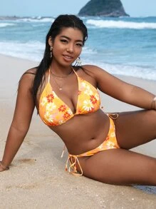 Plus Size Floral Triangle Tie Side Bikini Set Summer Beach - Multicolor - View 5