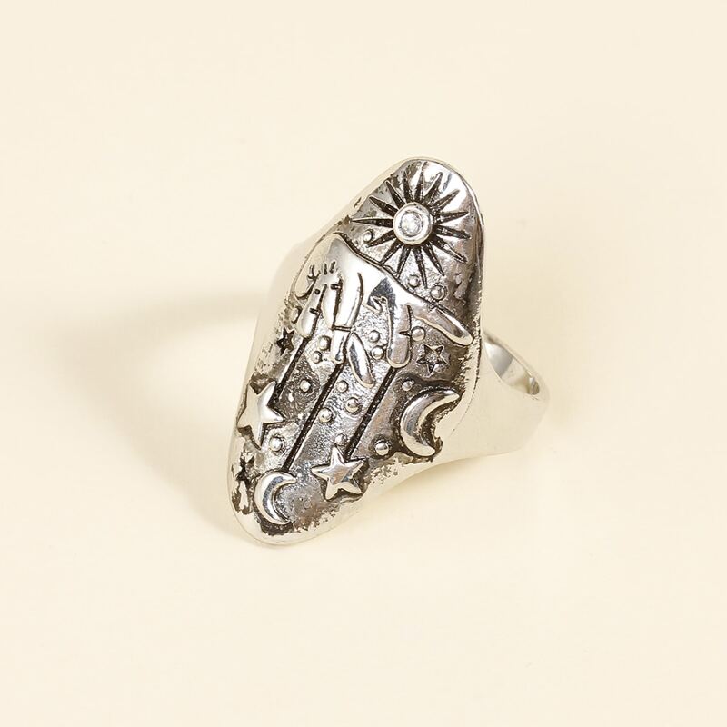 

Rhinestone Decor Engraved Ring, Antique silver