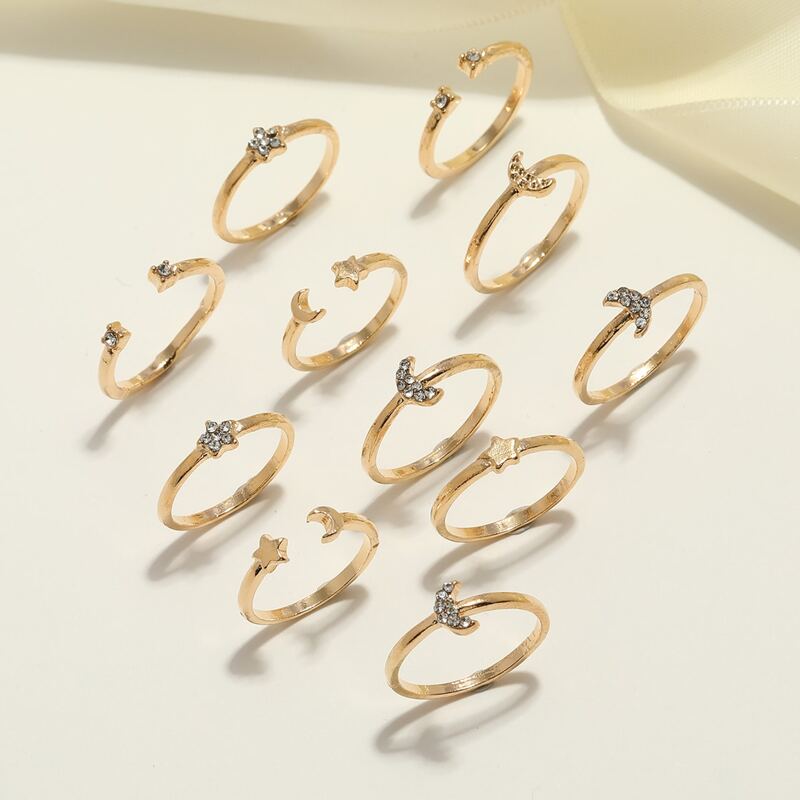 

11pcs Rhinestone Decor Ring, Gold