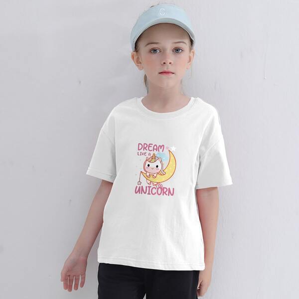 

Girls Slogan & Cartoon Unicorn Graphic Drop Shoulder Tee, White