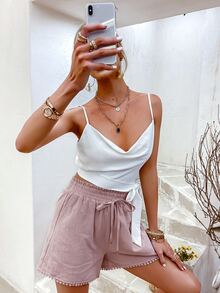 Simplee Cowl Neck Knot Cami Crop Top - White - View 6