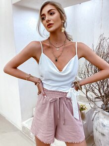 Simplee Cowl Neck Knot Cami Crop Top - White - View 8