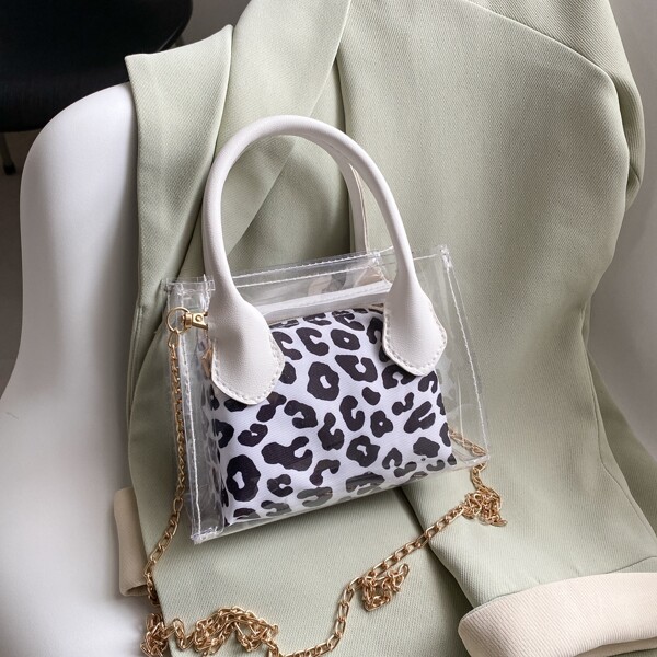 

Girls Clear Satchel Bag With Leopard Inner Pouch, Black and white clear