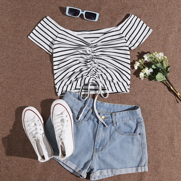 

Stripe Drawstring Front Crop Tee, Black and white