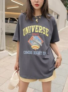 DAZY Rocket And Letter Graphic Drop Shoulder Tee - Grey - View 1