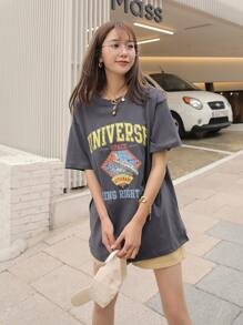 DAZY Rocket And Letter Graphic Drop Shoulder Tee - Grey - View 3