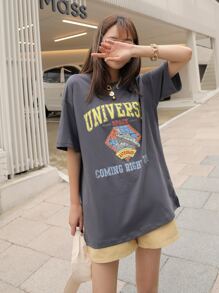 DAZY Rocket And Letter Graphic Drop Shoulder Tee - Grey - View 8