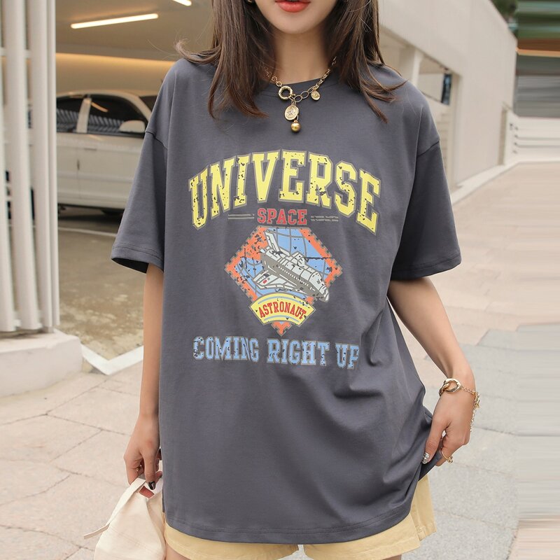 

Rocket And Letter Graphic Drop Shoulder Tee, Grey