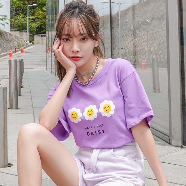 

Slogan And Floral Print Tee, Purple