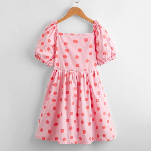 

Girls Polka Dot Bishop Sleeve Swing Dress, Pink