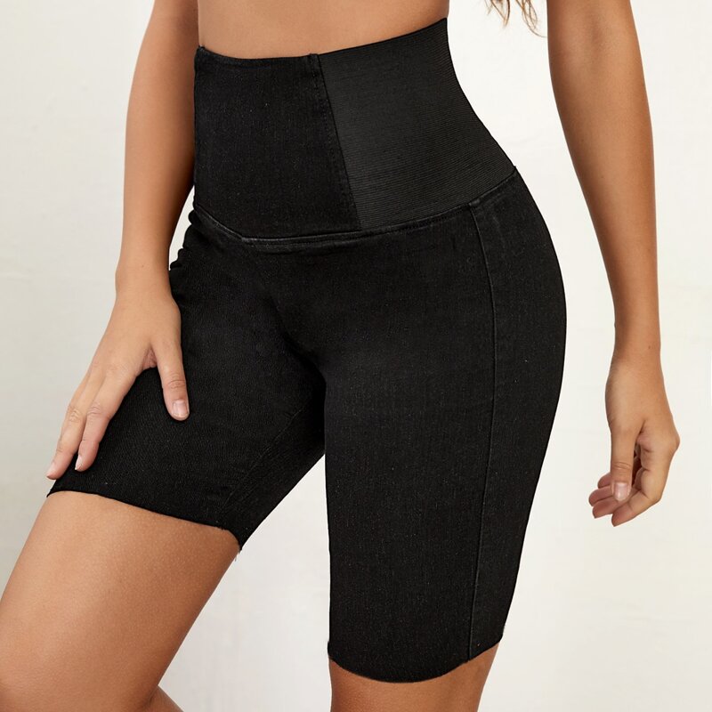 

Wide Waistband Biker Denim Shorts, Black